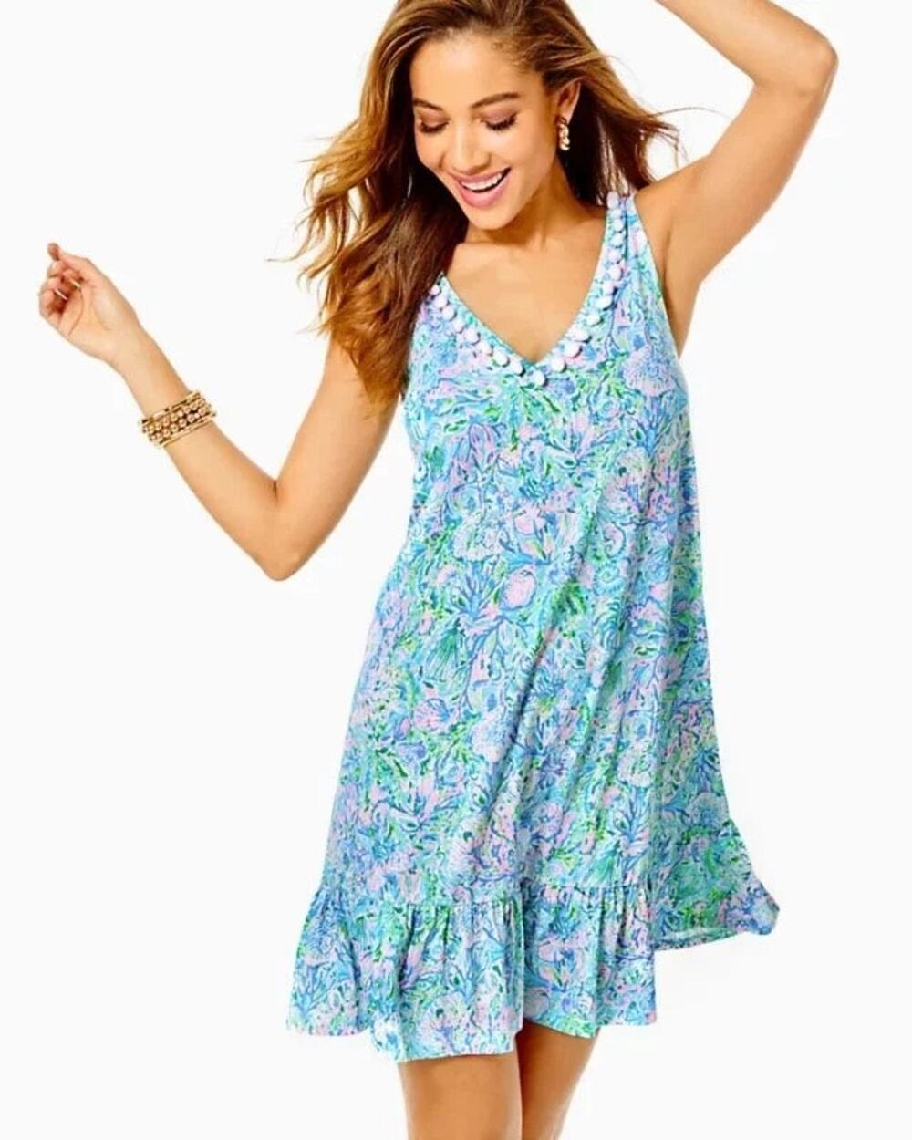 Lilly Pulitzer Camilla Swing Dress Blue Green Pom Pom Size Medium 100% Cotton